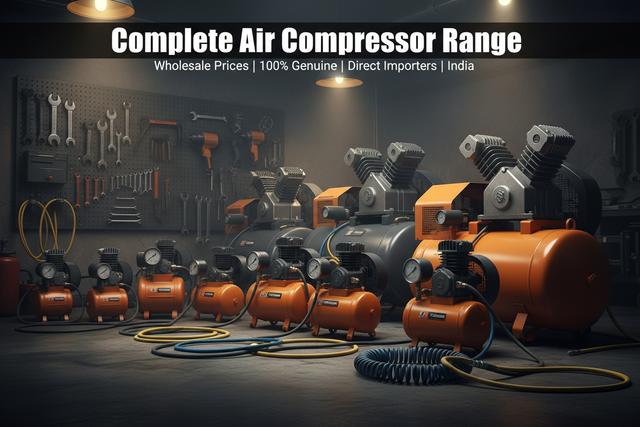 Complete Air Compressor Range - Heavy Duty Industrial Air Compressors 2HP to 15HP, Single and Three Phase models available at Wholesale Prices at NAIL GUN STORE India